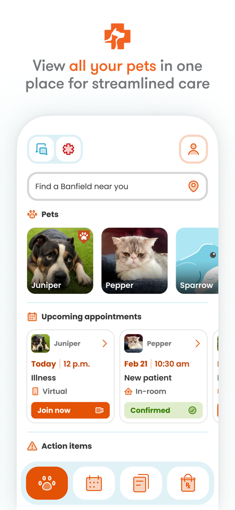 Banfield Pet Hospital - Banfield Pet Hospital app dashboard displaying multiple pet profiles and upcoming veterinary appointments.
