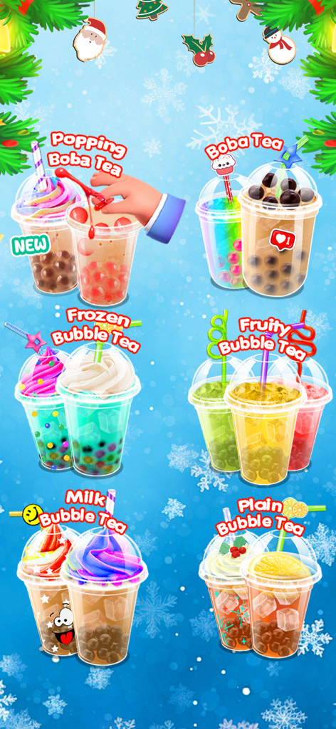 Una selección de coloridas bebidas de bubble tea, incluyendo variedades de boba explosiva, frutales y de té con leche.