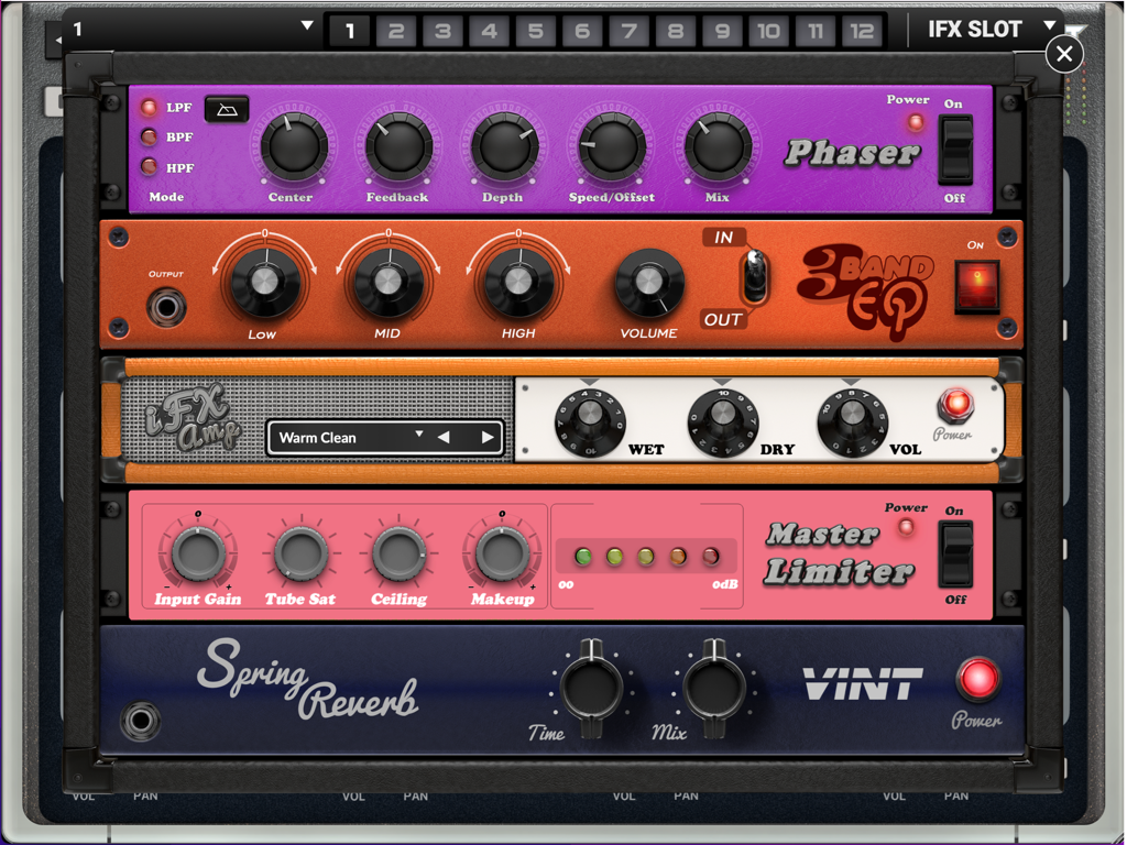 Splat-to-Clat - A vintage style effects rack interface in the Splat to Clat app featuring phaser and EQ modules