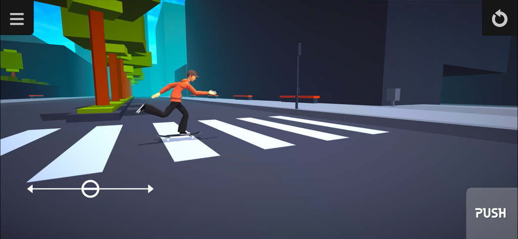 Skater Mobile - A skater in an orange hoodie pushing a skateboard across a zebra crossing in a stylized city environment