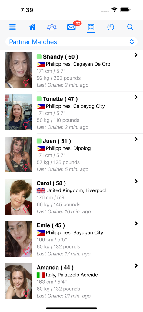 The Partner Matches screen of the Ladyboykisses Dating app displaying a list of profiles with age location and physical attributes.