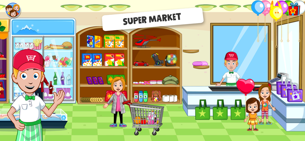 My Town Stores 게임의 만화 캐릭터와 식료품이 있는 활기찬 슈퍼마켓 내부