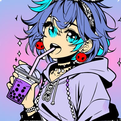 hot baddie anime girl drinking boba and biting the straw