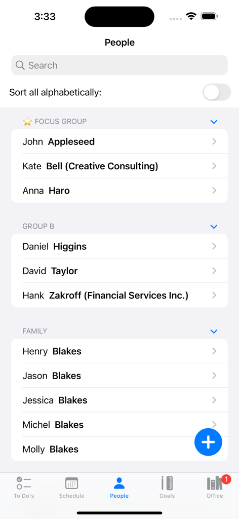 The North 40 - Tela do aplicativo The North 40 para gerenciar e categorizar contatos em grupos como Grupo de Foco e Família