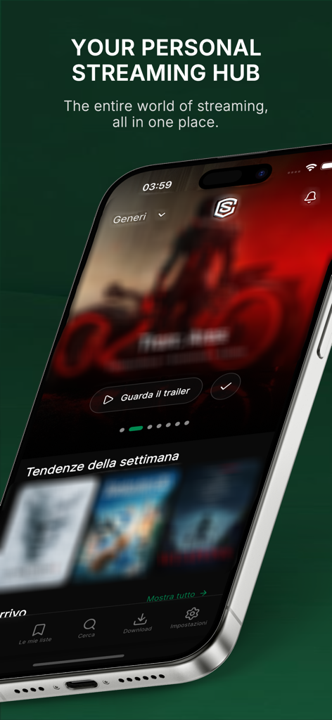 Streaming Community - iPhone display showing the Streaming Community app home screen with movie posters and trending titles