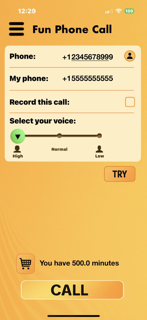 Main interface of Fun Phone Call app showing voice pitch slider and call recording options