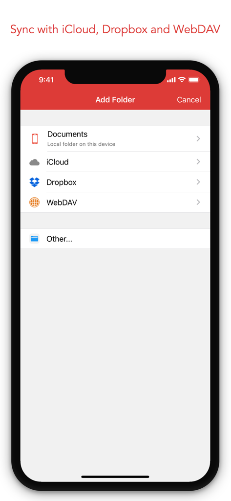 1Writerアプリが、iCloud、Dropbox、WebDAVのドキュメント同期オプションを表示