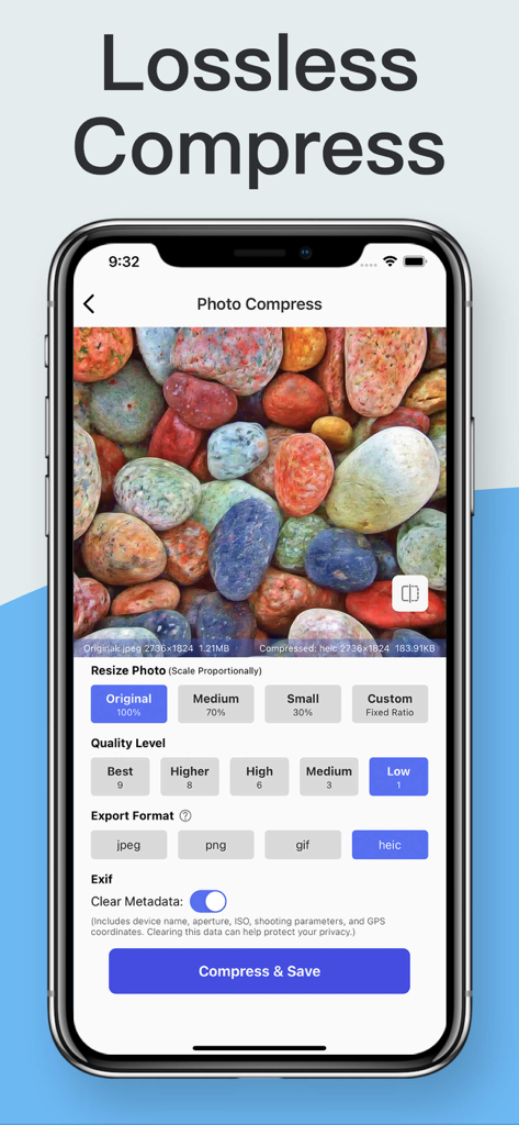 Photo Compress & Resize Images - Tela do aplicativo Photo Compress mostrando opções para redimensionamento com compressão sem perdas e remoção de metadados