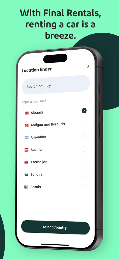 Final Rentals Car Rental App - Location finder interface in the Final Rentals car rental app showing a list of popular countries for hire.