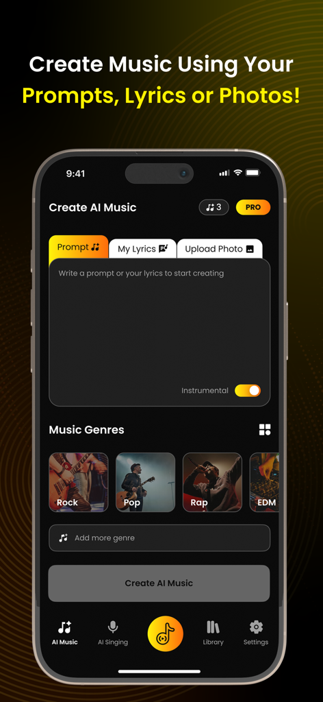 User interface of the AI Song Generator Jukebox app for creating music using prompts lyrics or photos.