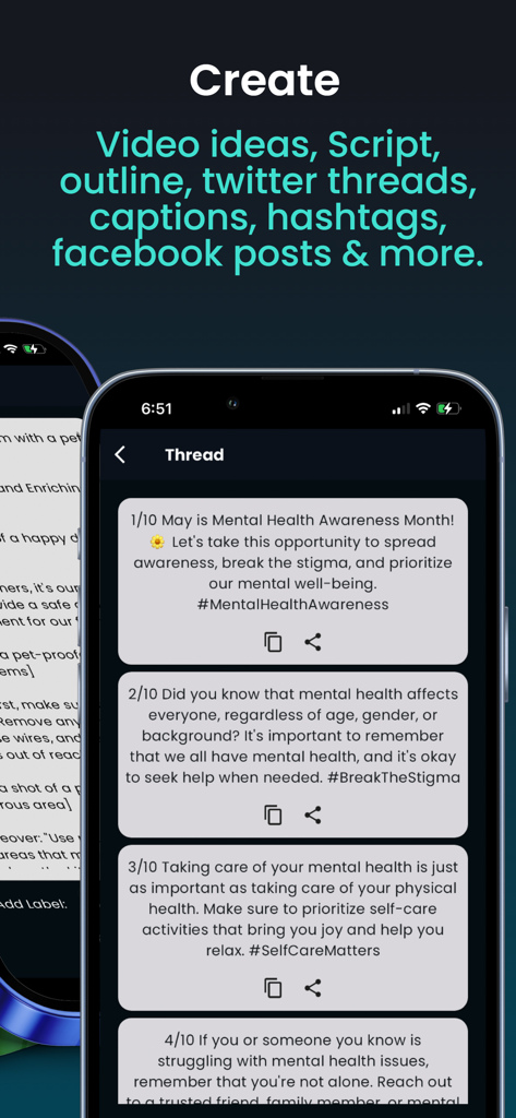 Interfaz de iPhone que muestra hilos de Twitter generados por IA para la creación de contenido en redes sociales.