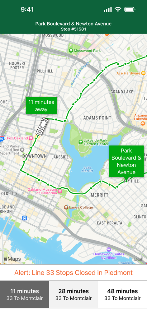 Schedules - AC Transit - Mappa AC Transit che mostra la posizione degli autobus in tempo reale e gli orari di arrivo