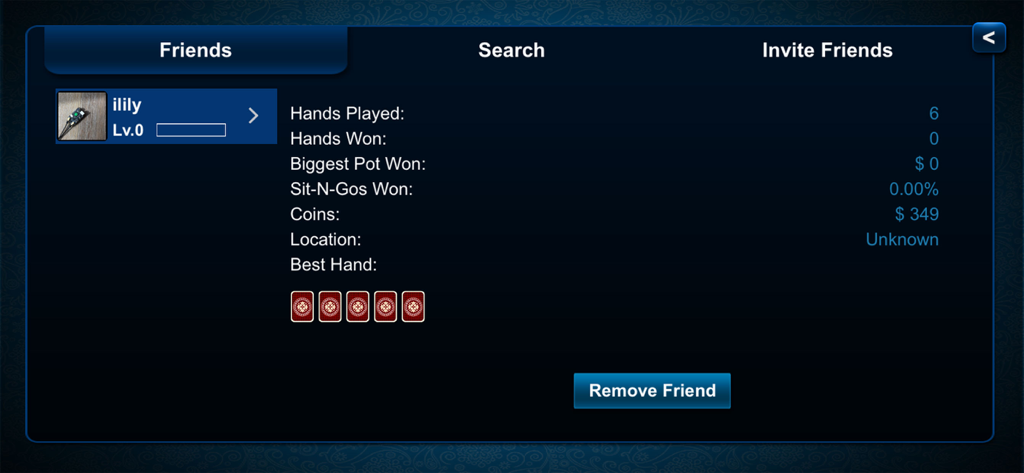 Texas Holdem Poker - Texas Holdem Poker app friends profile page showing player statistics and social interaction options