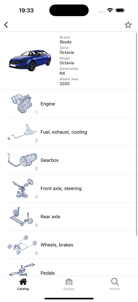 Skoda Octavia 2020 parts catalog screen showing assembly categories like engine gearbox and axles with diagrams