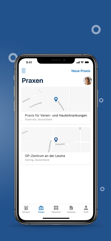 impf.app - Interfaz del pase de vacunación digital que muestra una lista de centros médicos con mapas