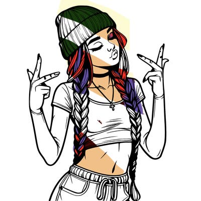 realistic teenage girl with braids and a beanie and crop top doing 🫶🏼