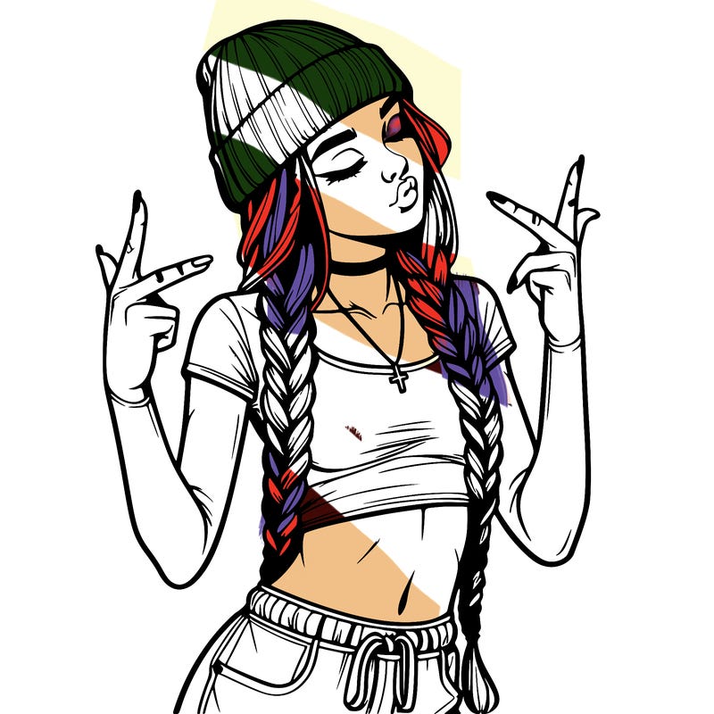 realistic teenage girl with braids and a beanie and crop top doing 🫶🏼