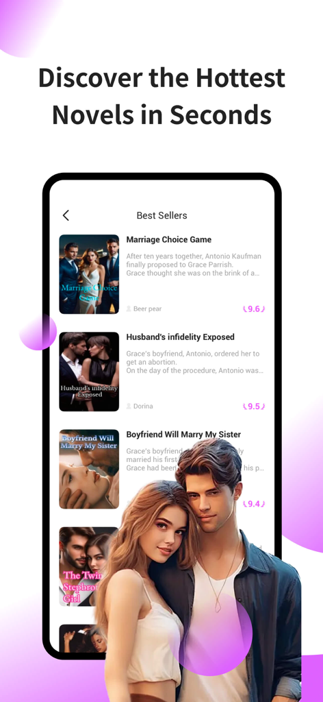 NovelTrove - A mobile interface of the NovelTrove app displaying a list of best selling romance novels