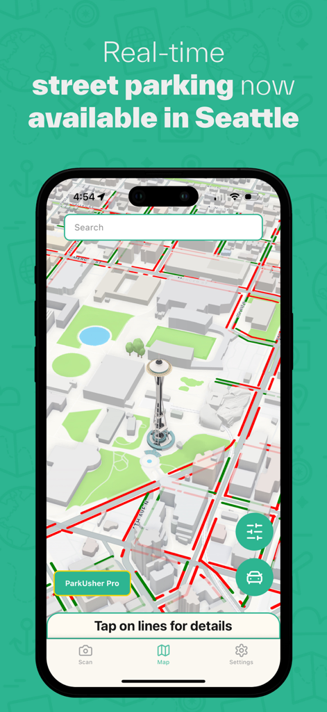 ParkUsher: Find Parking Easily - ParkUsher app showing real time street parking availability in Seattle with a 3D map of the Space Needle area and color coded parking zones