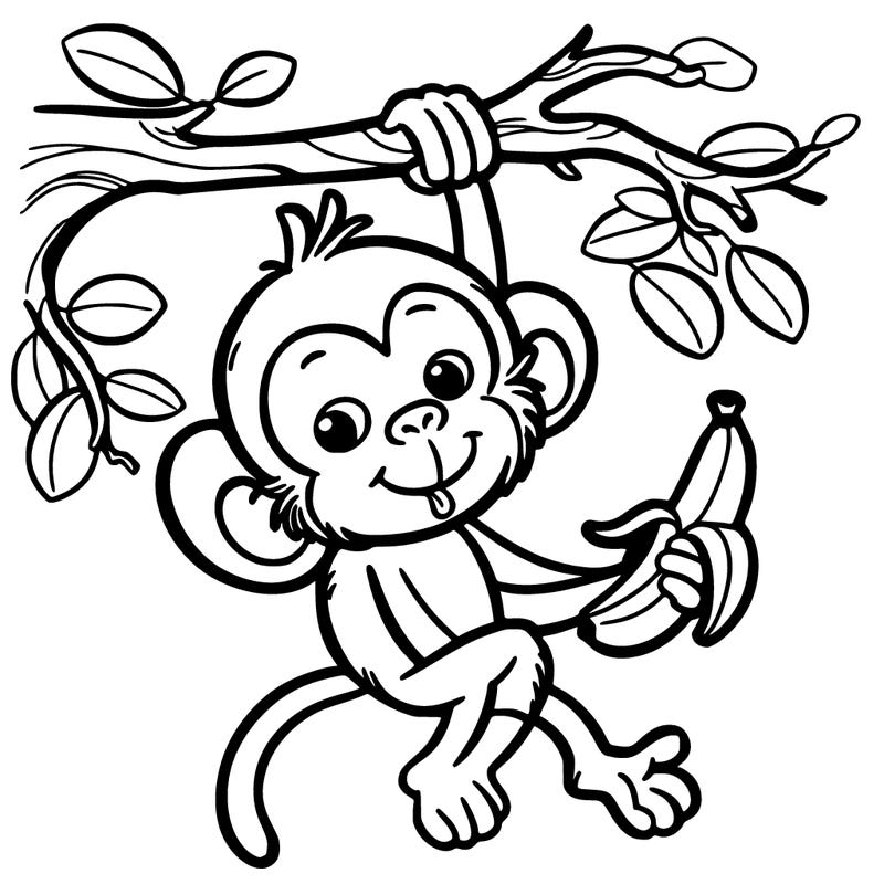 monkey hanging from a branch, reaching for a banana
