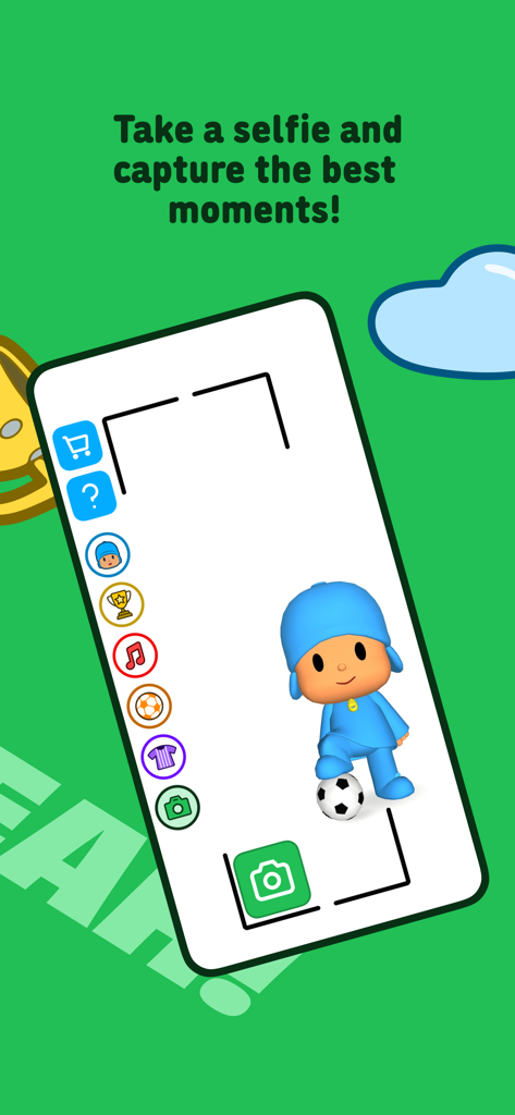 Talking Pocoyo Football - Interfaz de la aplicación Fútbol de Pocoyó que Habla mostrando la cámara selfie y la función de RA con Pocoyó y un balón de fútbol