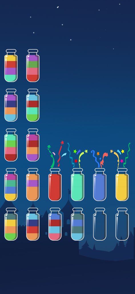 Water Sort Puzzle - 完成したレベルのためのお祝いの紙吹雪と、着色された液体で満たされたガラス管があるWater Sort Puzzleゲーム画面
