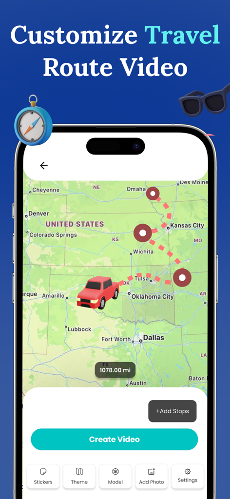 A mobile app interface showing a customizable travel route map of the USA with a red truck and dotted journey line.