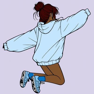 realistic girl jumping with a bun and oversized sweatshirt