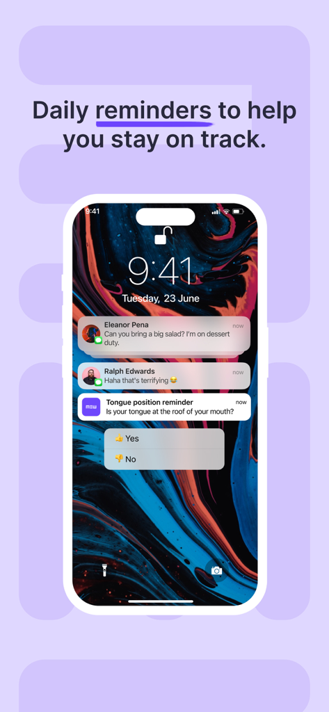 Mewing by Dr Mike Mew - iPhone lock screen showing a tongue position reminder notification from the Mewing app with yes and no options