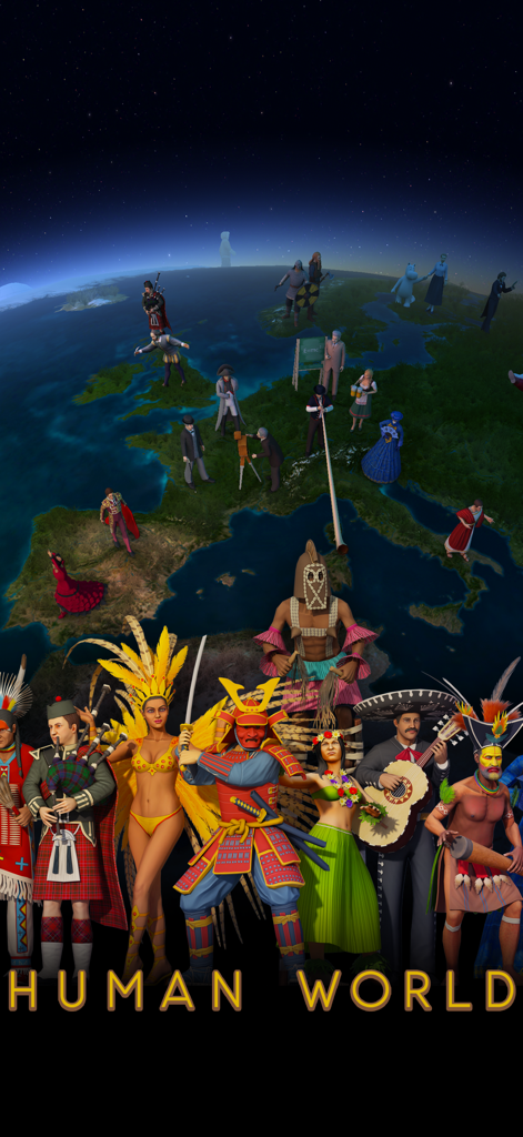 A 3D globe showing various people in traditional cultural attire representing the Human World feature of the Earth 3D app.