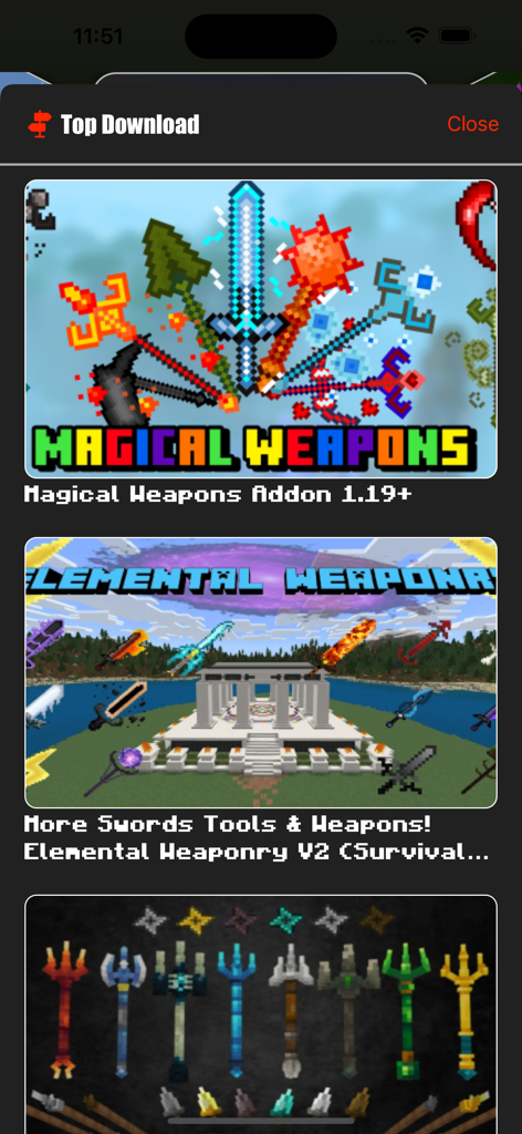 MCPE ADDONS - For MINECRAFT PE - A list of top downloaded magical and elemental weapon addons for Minecraft Pocket Edition.