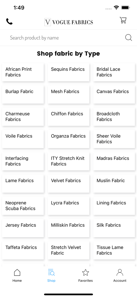 Grid of wholesale fabric categories on the Vogue Fabrics mobile app