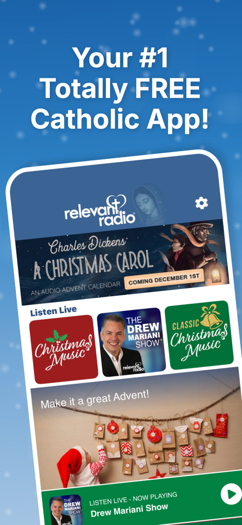 Relevant Radio Catholic Rosary - Screenshot of the Relevant Radio app interface showing Christmas music and Advent content.