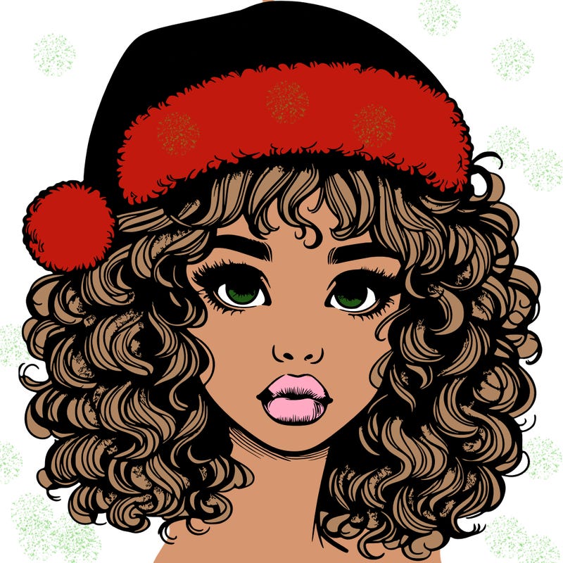 realistic girl with a santa hat curly hair and lips