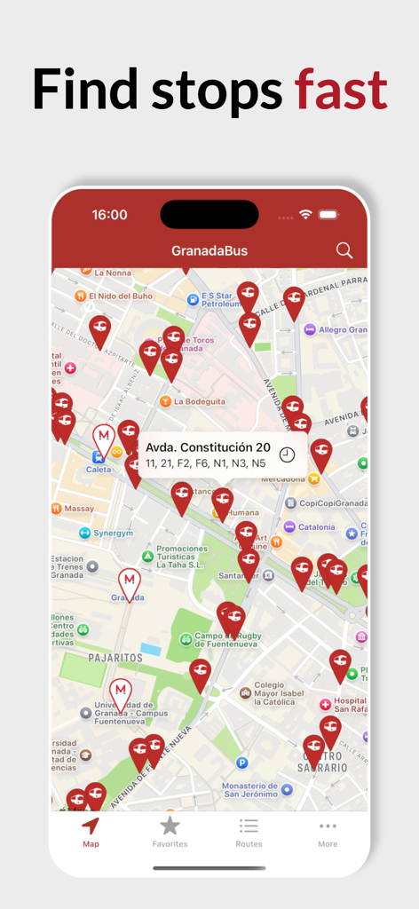 GranadaBus - 그라나다 버스 정류장 위치와 노선 정보가 표시된 도시 지도를 보여주는 GranadaBus 앱 인터페이스