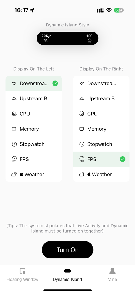 Landing On - Landing On app interface for customizing network speed and FPS display in the iPhone Dynamic Island.