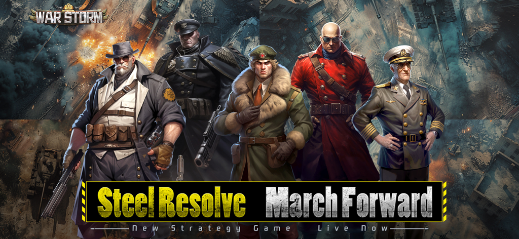 War Storm: Modern Warfare - Cinco oficiales militares de pie frente a un campo de batalla en War Storm Modern Warfare.