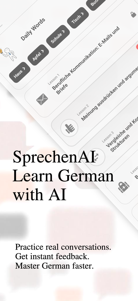 Interface de l'application d'apprentissage de l'allemand SprechenAI montrant du vocabulaire allemand et des leçons de conversation professionnelle