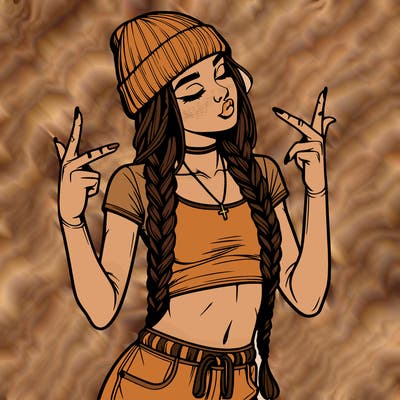 realistic teenage girl with braids and a beanie and crop top doing 🫶🏼