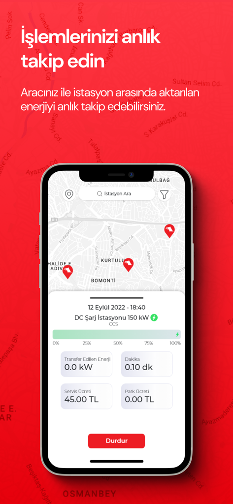 Mobile app screen showing real-time EV charging status and a station map.