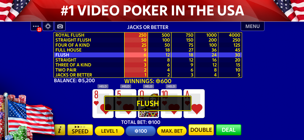 Video Poker by Pokerist - Capture d'écran de Vidéo Poker par Pokerist montrant une quinte flush gagnante en mode Jacks or Better avec un branding du drapeau américain