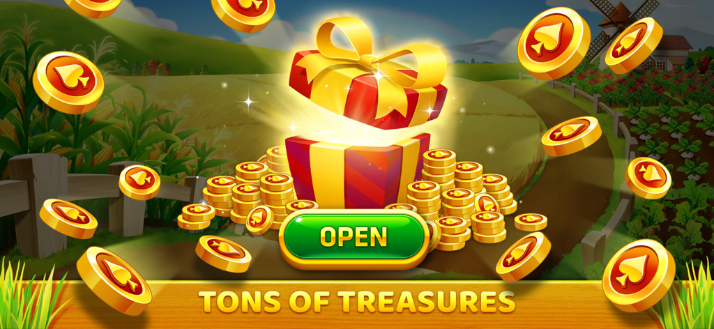 A glowing gift box and gold coins in a farm setting with the text tons of treasures.