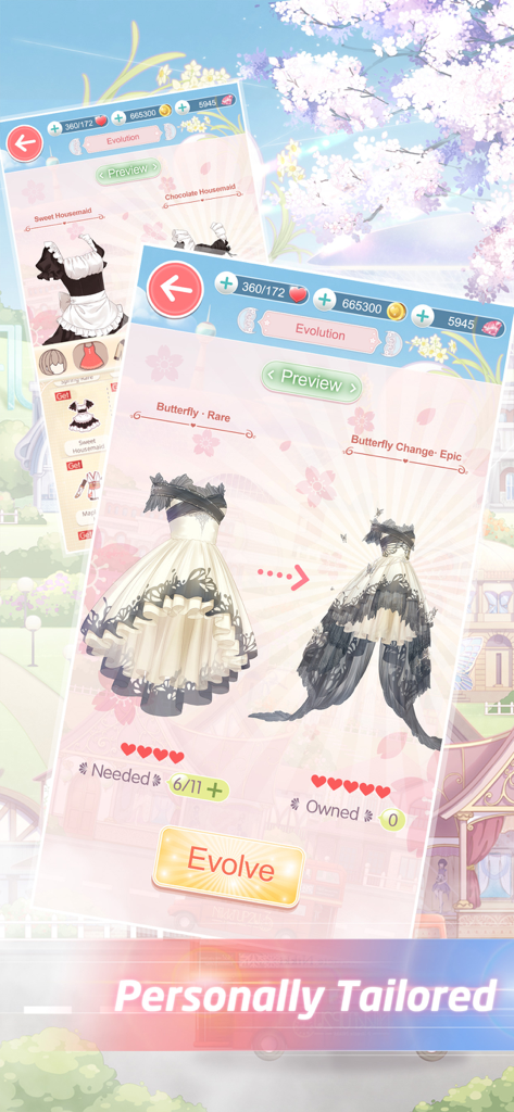 Love Nikki game screen showing dress evolution from rare to epic