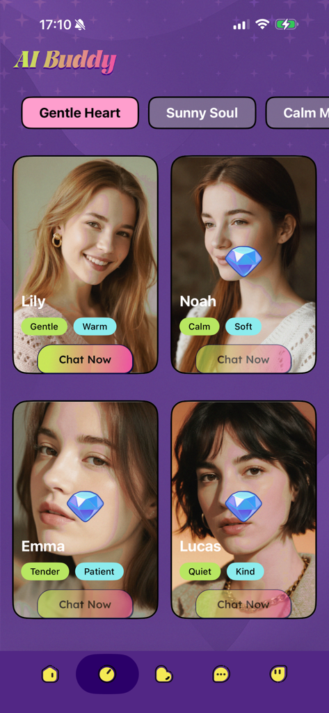 Interfaz mostrando varios perfiles de compañeros de IA como Lily y Noah en la aplicación Joli