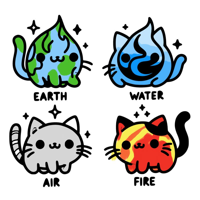 4 cats that represent the different elements, earth, water, air, and fire