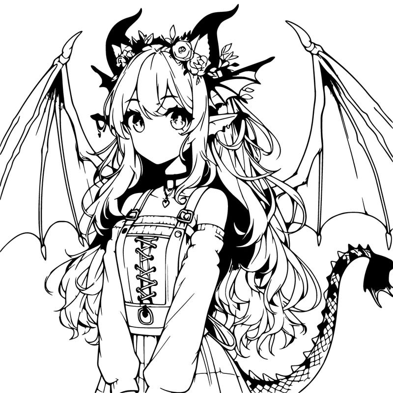 realistic girl with cat ears and dragon horns tail and wings