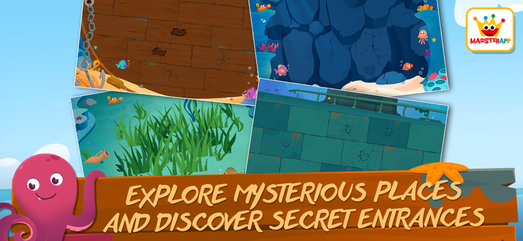 Scènes sous-marines du Jeu Éducatif Archéologue montrant des épaves cachées et des entrées secrètes