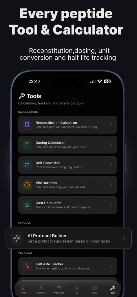 PeptIQ: Peptide Tracker - PeptIQアプリのインターフェース。溶解、投与量、単位変換のためのペプチド計算ツールが表示されます。