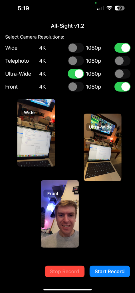 All-Sight - Interface of All-Sight app showing resolution settings for wide ultra-wide and front cameras with video previews