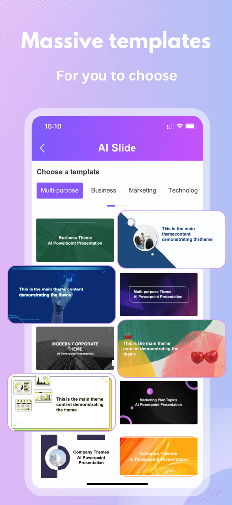 Smallppt App-Oberfläche, die eine Vielzahl von professionellen KI-generierten Präsentationsvorlagen für Business und Marketing zeigt